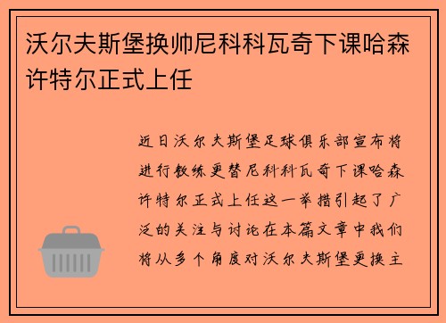 沃尔夫斯堡换帅尼科科瓦奇下课哈森许特尔正式上任 沃尔夫斯堡换帅尼科科瓦奇下课哈森许特尔正式上任
