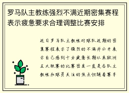 罗马队主教练强烈不满近期密集赛程表示疲惫要求合理调整比赛安排 罗马队主教练强烈不满近期密集赛程表示疲惫要求合理调整比赛安排